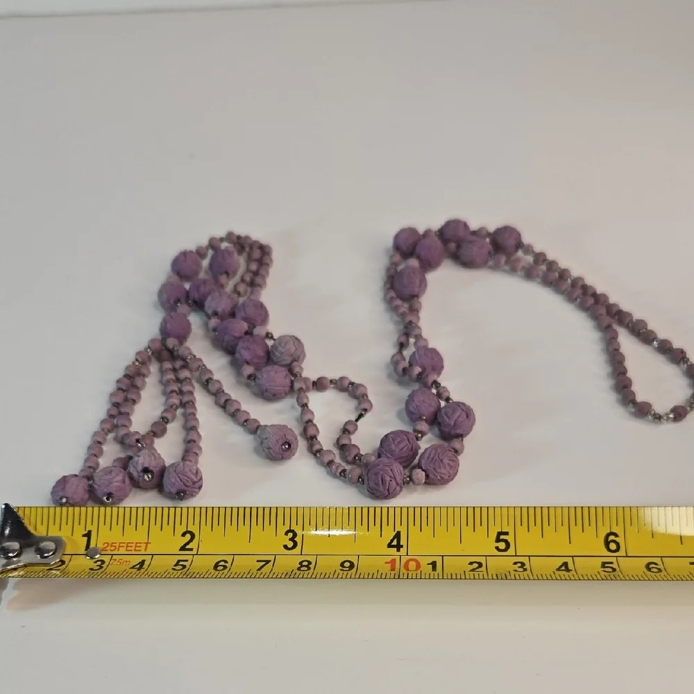 Vintage Crushed-Rose Petal Lavender Bead Necklace Tassel Flapper Victorian